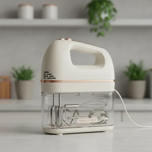 Peach Street Hand Mixer with integrated accessory bin, neatly storing all its attachments.