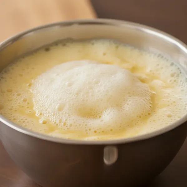 Close-up of perfectly beaten, pale yellow eggs with a voluminous, foamy texture ready for cooking a fluffy omelet.