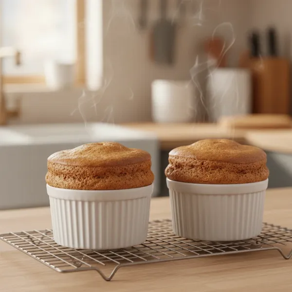 Beautifully puffed, golden soufflés rising high above white ramekins, fresh from the oven.