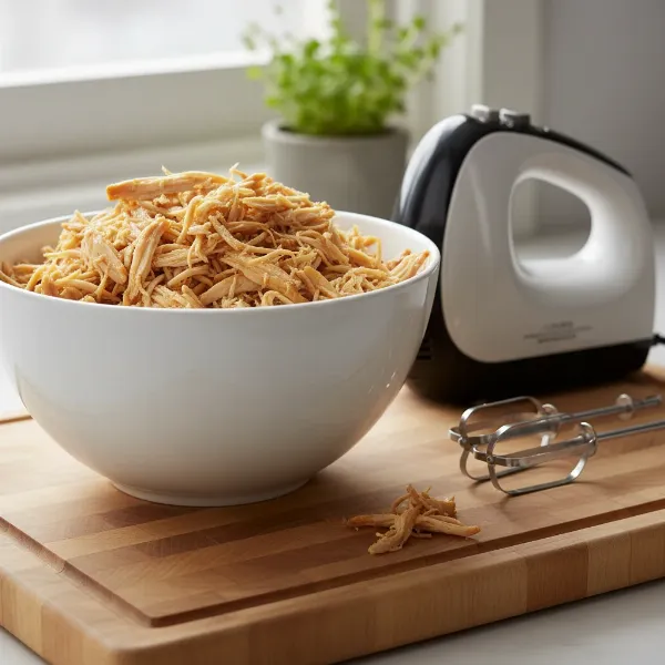 A bowl of perfectly shredded chicken ready for use in various recipes, with a mixer nearby.