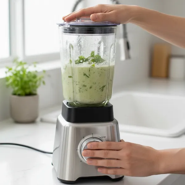 Hand operating a blender on the lowest speed to prevent initial splashing and mess.