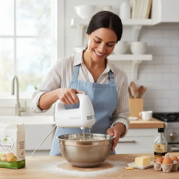 Person happily using a Proctor Silex Easy Mix hand mixer for baking tasks.