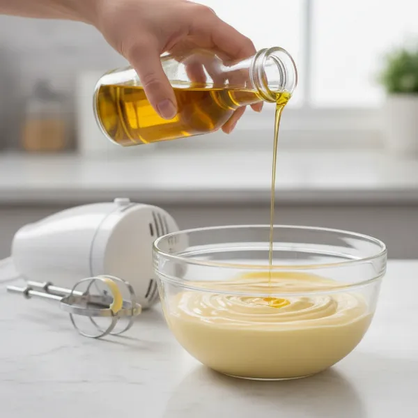 Hand slowly pouring oil into bowl of creamy, pale yellow homemade mayonnaise.