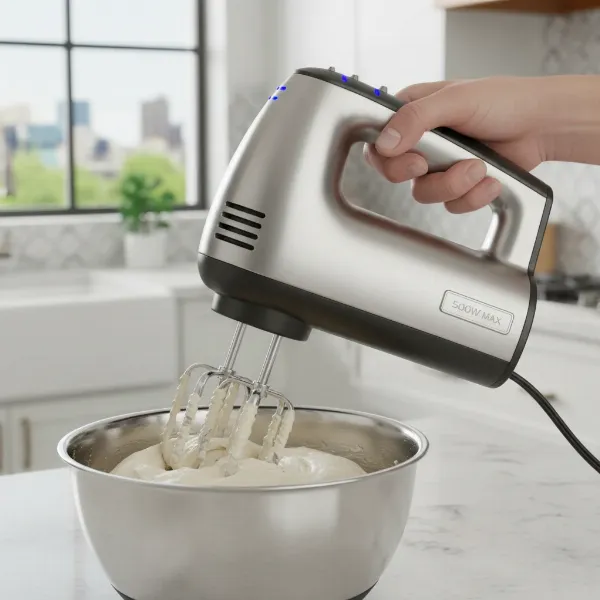 Heavy-duty hand mixer with 500W motor, mixing dough in a modern kitchen.