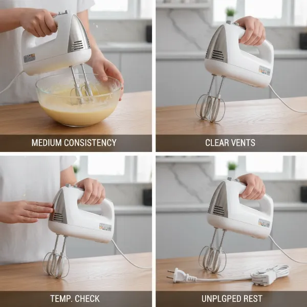 A composite image illustrating multiple preventive measures to stop a hand mixer from overheating.