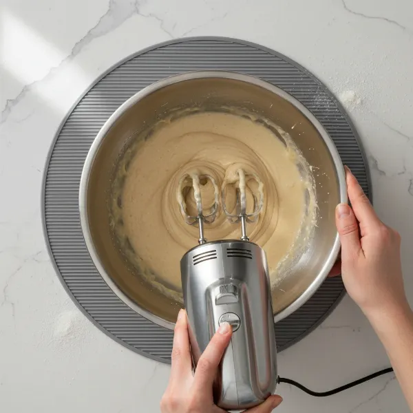 A hand mixer being used in a stabilized mixing bowl on a non-slip mat