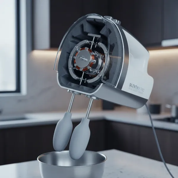 Close-up of a quiet hand mixer with visible DC motor and sound-dampening features.