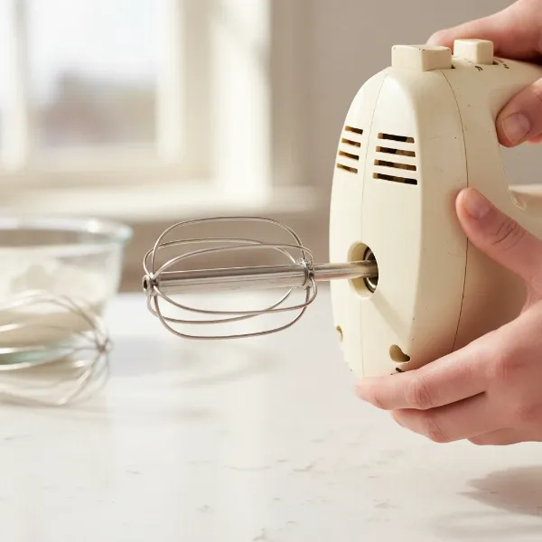 Hand inserting a new stainless steel beater into an older model electric hand mixer.