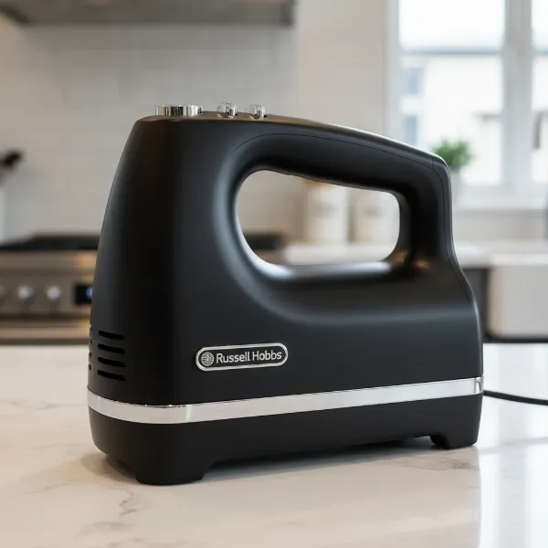 Russell Hobbs Retro Hand Mixer in black with chrome accents, highlighting its vintage design.