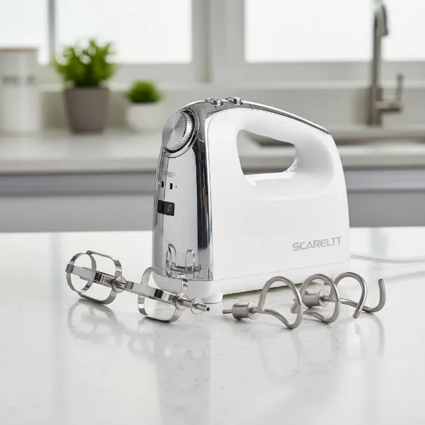 Scarlett 7-speed hand mixer with beaters and dough hooks on a kitchen counter.