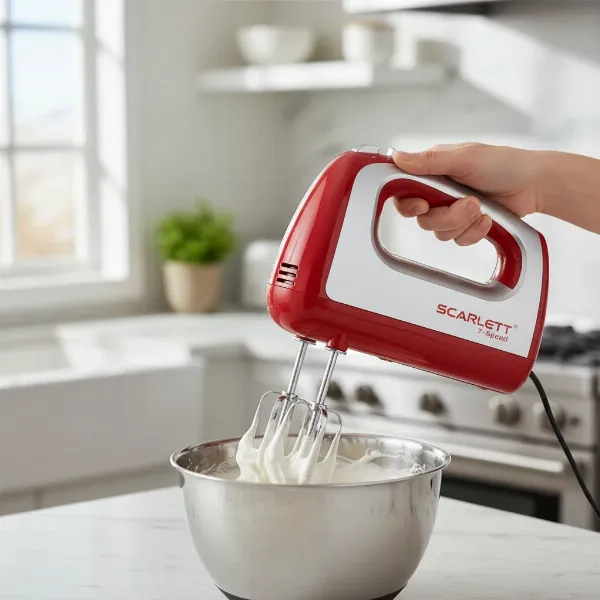 Scarlett 7-speed hand mixer whipping cream in a stainless steel bowl.