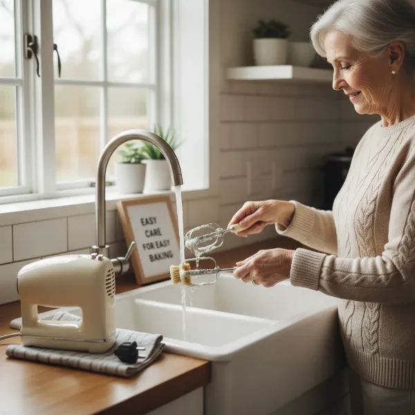 senior woman easily cleaning hand mixer attachments in kitchen