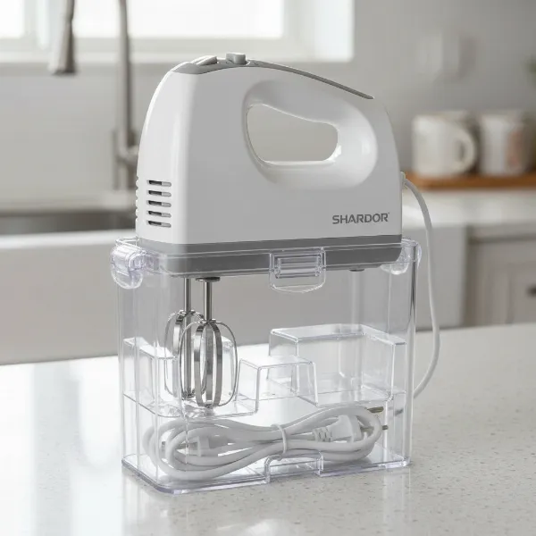 Shardor hand mixer neatly stored in its snap-on base with attachments.