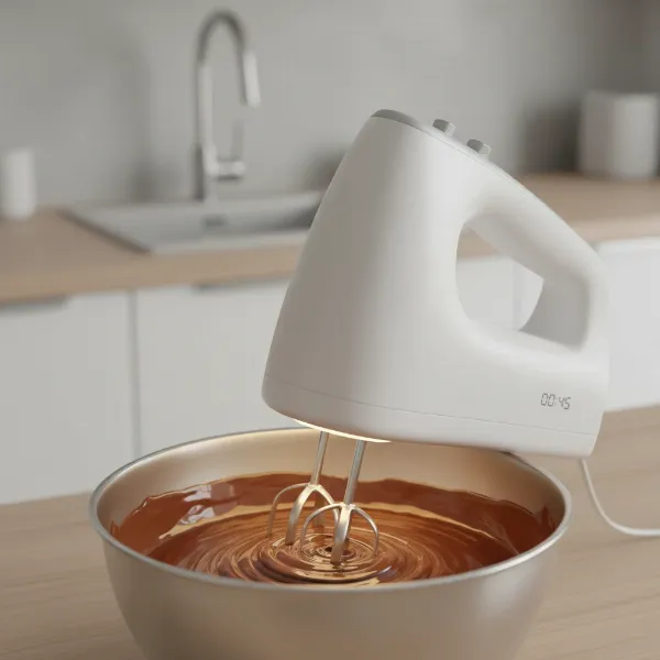 A smart hand mixer with built-in LED light and digital timer displaying mixing time.