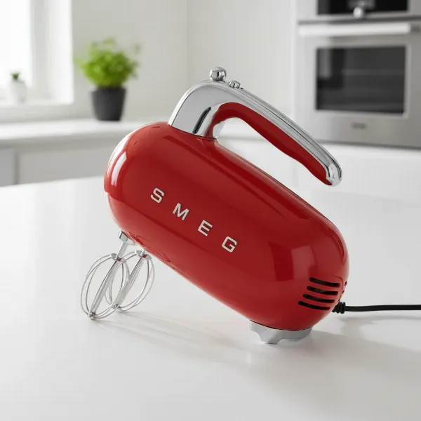 Smeg retro style hand mixer in a modern kitchen setting, showcasing its iconic 1950s design.