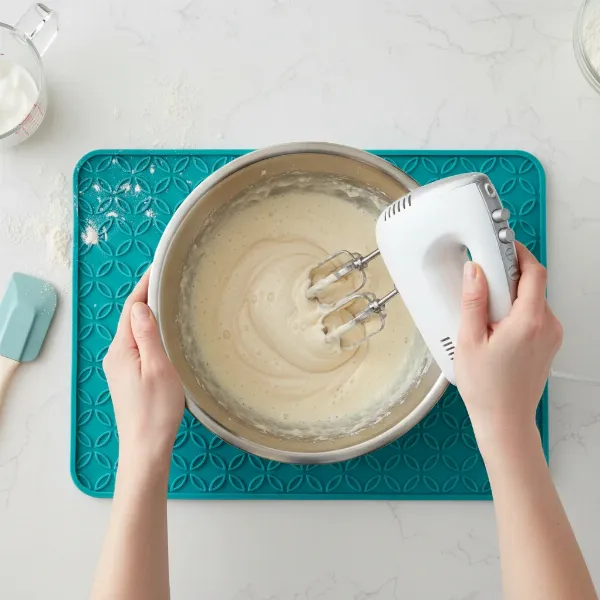 Hand mixer operating on a non-slip mat, ensuring stability and reducing vibration during use.