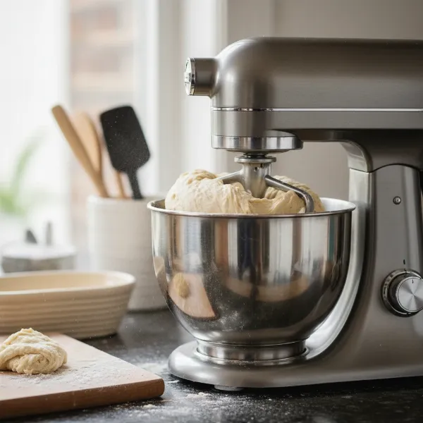 a stand mixer with a dough hook kneading thick bread dough in a large bowl