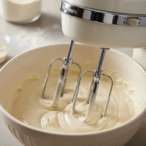 Close-up of a classic Sunbeam Mixmaster hand mixer's robust, thick beaters in a mixing bowl.