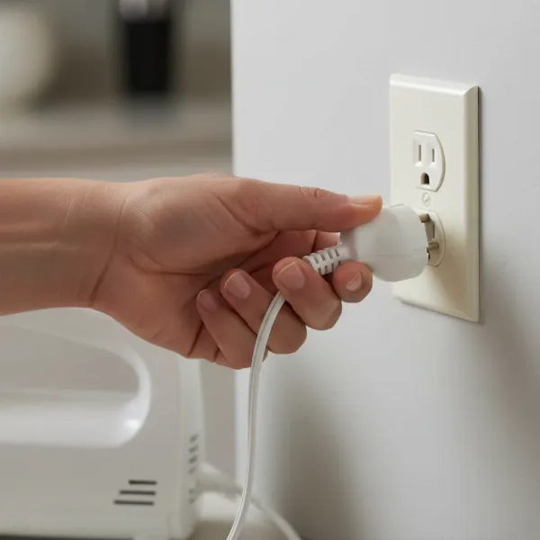 Hand pulling an electric mixer plug safely from an outlet, emphasizing proper cord handling.