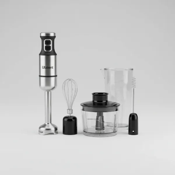 Utalent hand mixer with blending shaft, whisk, chopper, frother attachments.