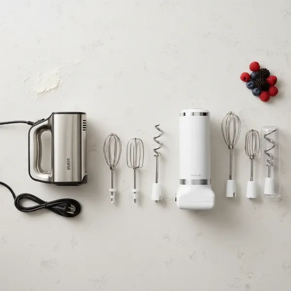 Assortment of hand mixers, including a cordless model, with beaters and storage accessories.