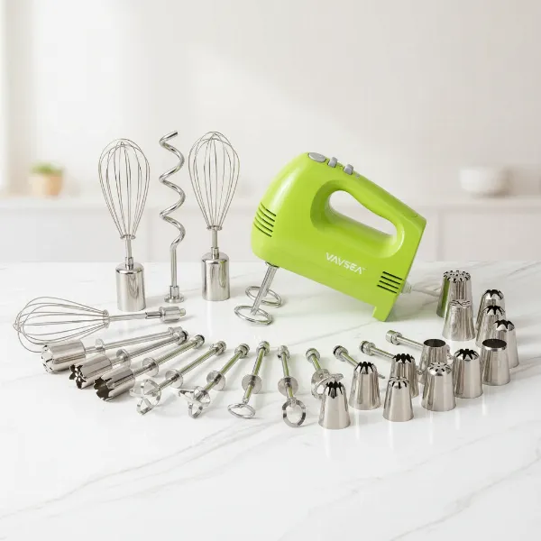 vavsea electric hand mixer with its 32 attachments laid out for baking tasks
