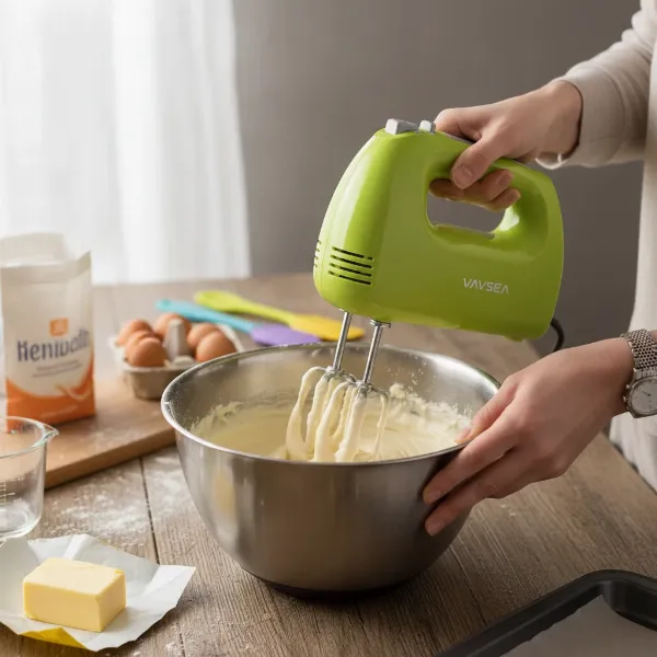 person using vavsea electric hand mixer to mix cake batter in kitchen
