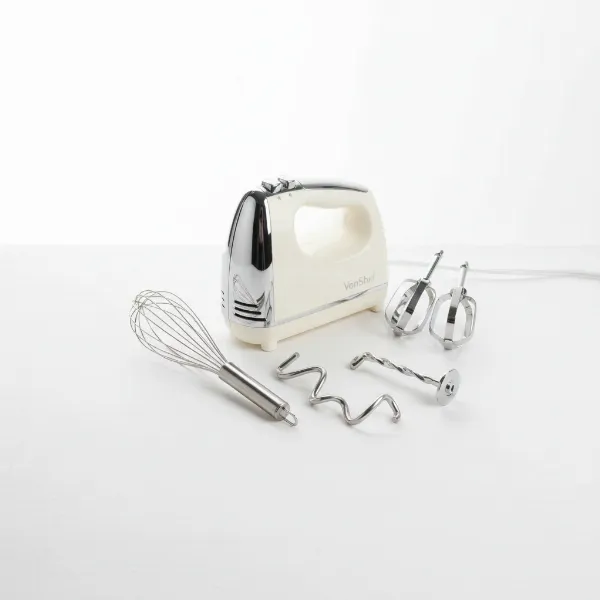 VonShef electric hand mixer with beaters, dough hooks, and whisk attachments on a clean surface