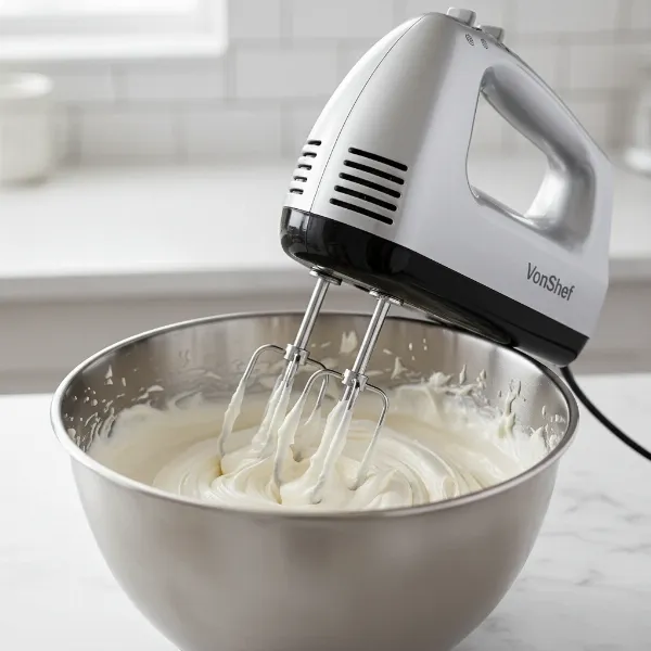 VonShef hand mixer whipping cream in a stainless steel bowl in a modern kitchen
