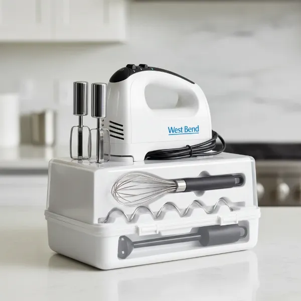 West Bend hand mixer and all its accessories neatly stored in its snap-on storage case.