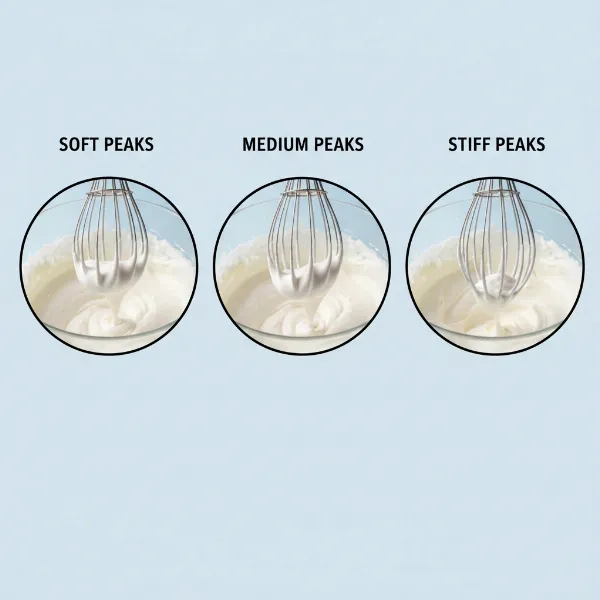Visual guide showing soft, medium, and stiff peaks of whipped cream, ideal for various desserts