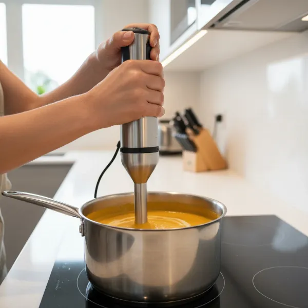 Woman using an immersion blender to puree soup directly in a large pot in a modern kitchen.
