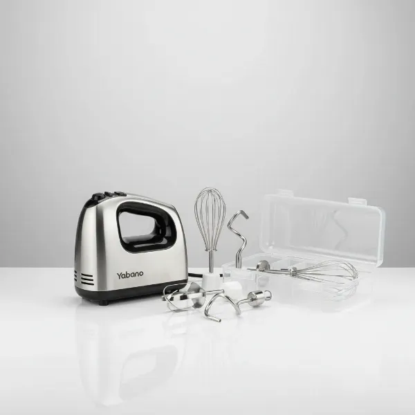 Yabano electric hand mixer with its beaters, dough hooks, balloon whisk, and a snap-on storage case.